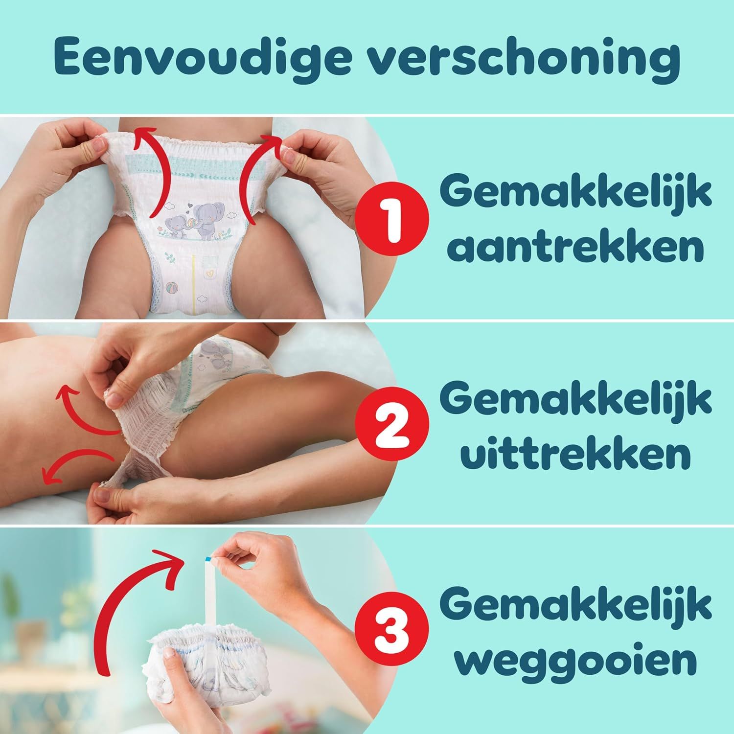 Stappen voor luier verschonen: aantrekken, uittrekken, weggooien.