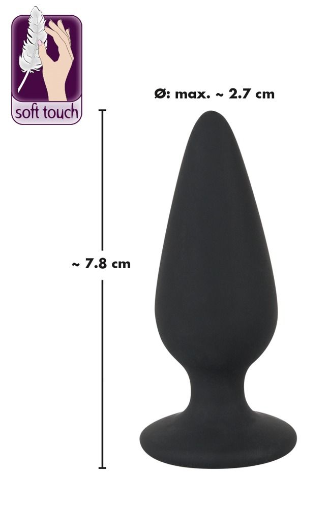 Zwarte anale plug met afmetingen: ca. 7.8 cm lengte, max. 2.7 cm diameter.