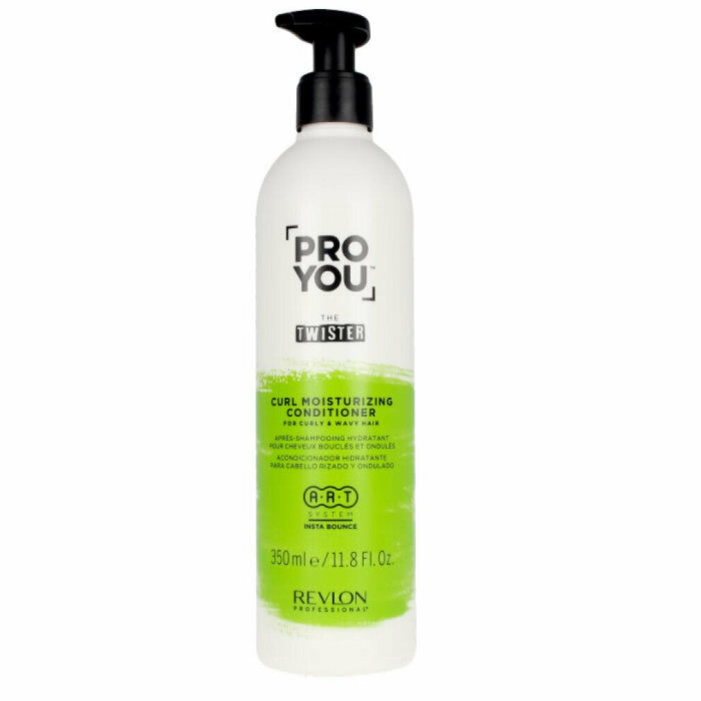 Flacon blanc avec pompe noire. Inscription : Pro You The Twister. Impression verte et blanche. 350ml/11.8 Fl. Oz. Revlon Professional.