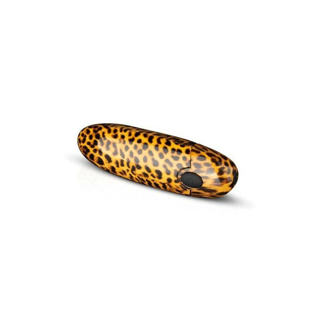 Vibrator met luipaardprint. Ovale vorm. Zwarte knop. Op witte achtergrond.
