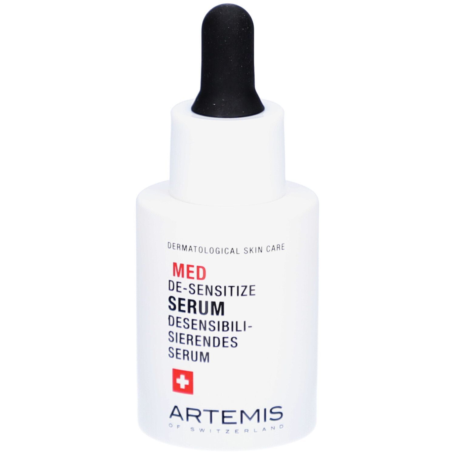Flacon blanc avec pipette noire. Inscription: MED DE-SENSITIZE SERUM. Croix rouge et ARTEMIS.