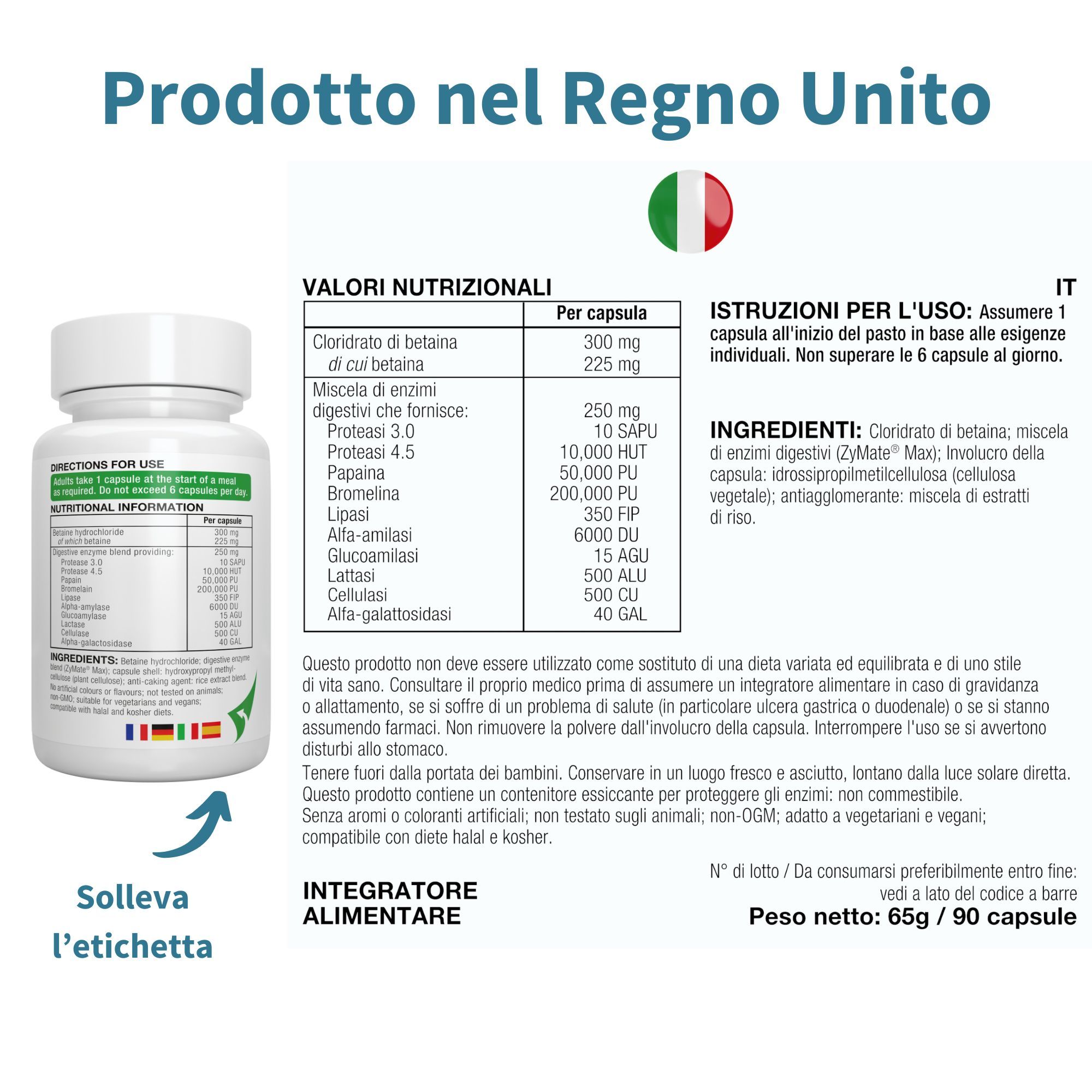 Arrière de la bouteille Igennus Digestive Enzymes avec informations nutritionnelles et ingrédients.