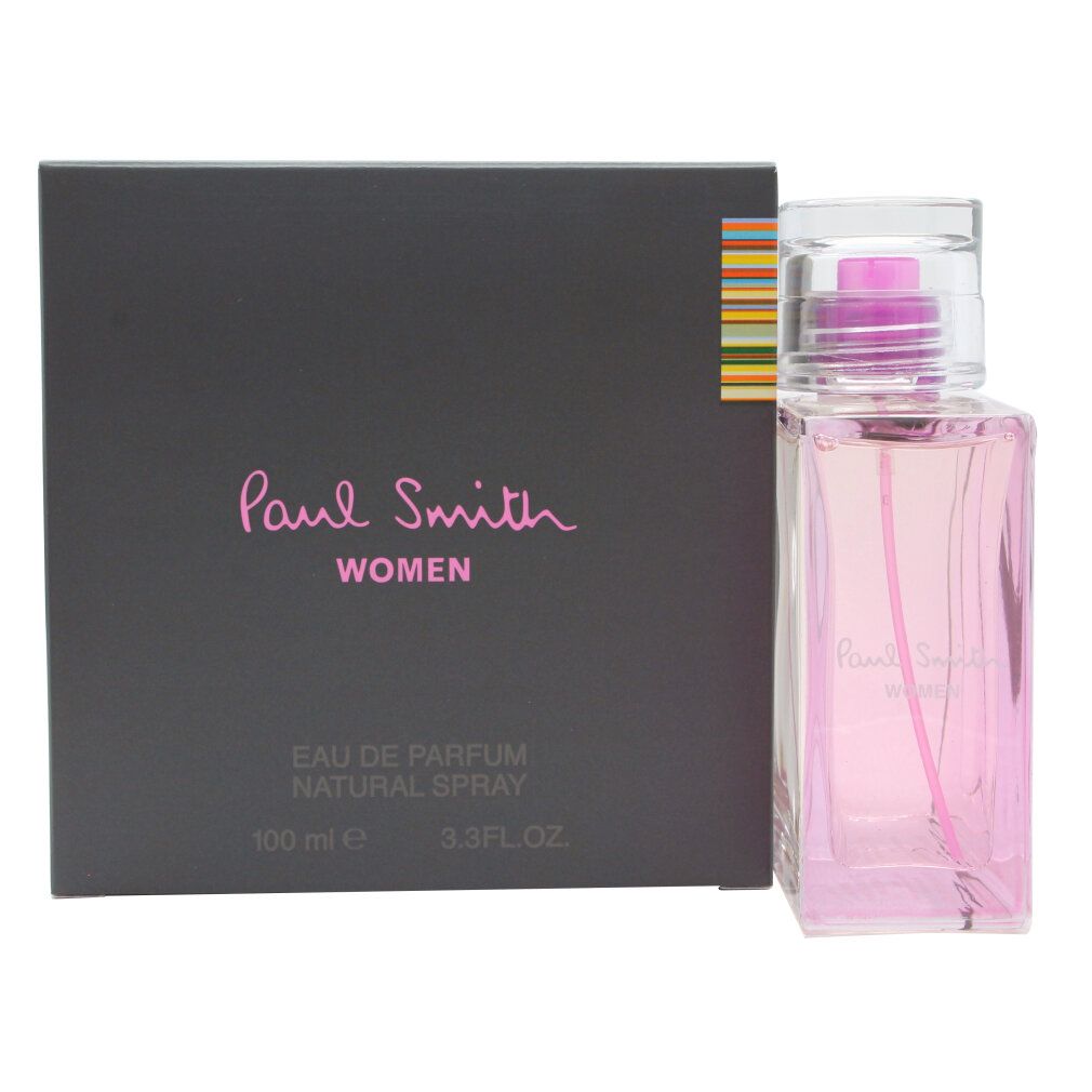 Paul Smith Women Eau de Parfum Natural Spray, 100 ml. Parfum rose dans une bouteille rectangulaire en verre avec pulvérisateur et capuchon transparent. Boîte grise avec écriture rose.