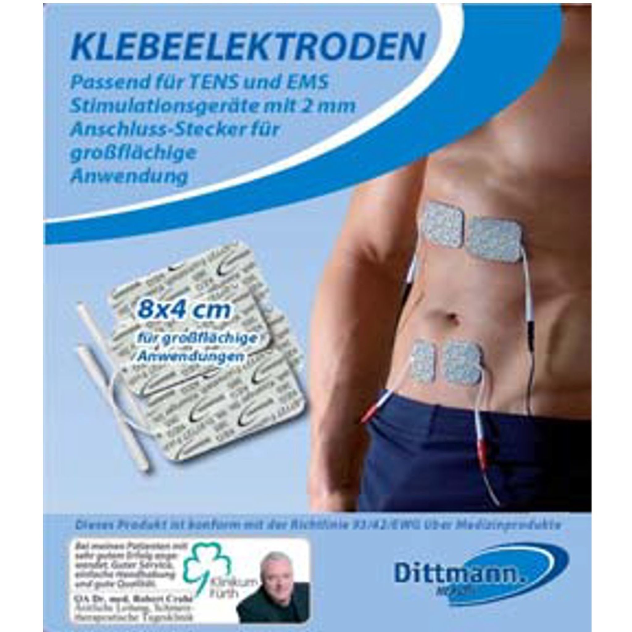 Emballage d'électrodes adhésives. Texte : Klebeelektroden, 8x4 cm. Homme avec électrodes sur le ventre. Logo Dittmann.