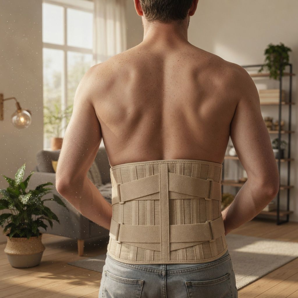Man draagt beige rugband. Achteraanzicht. Beige bandjes. Op de achtergrond: woonkamer.