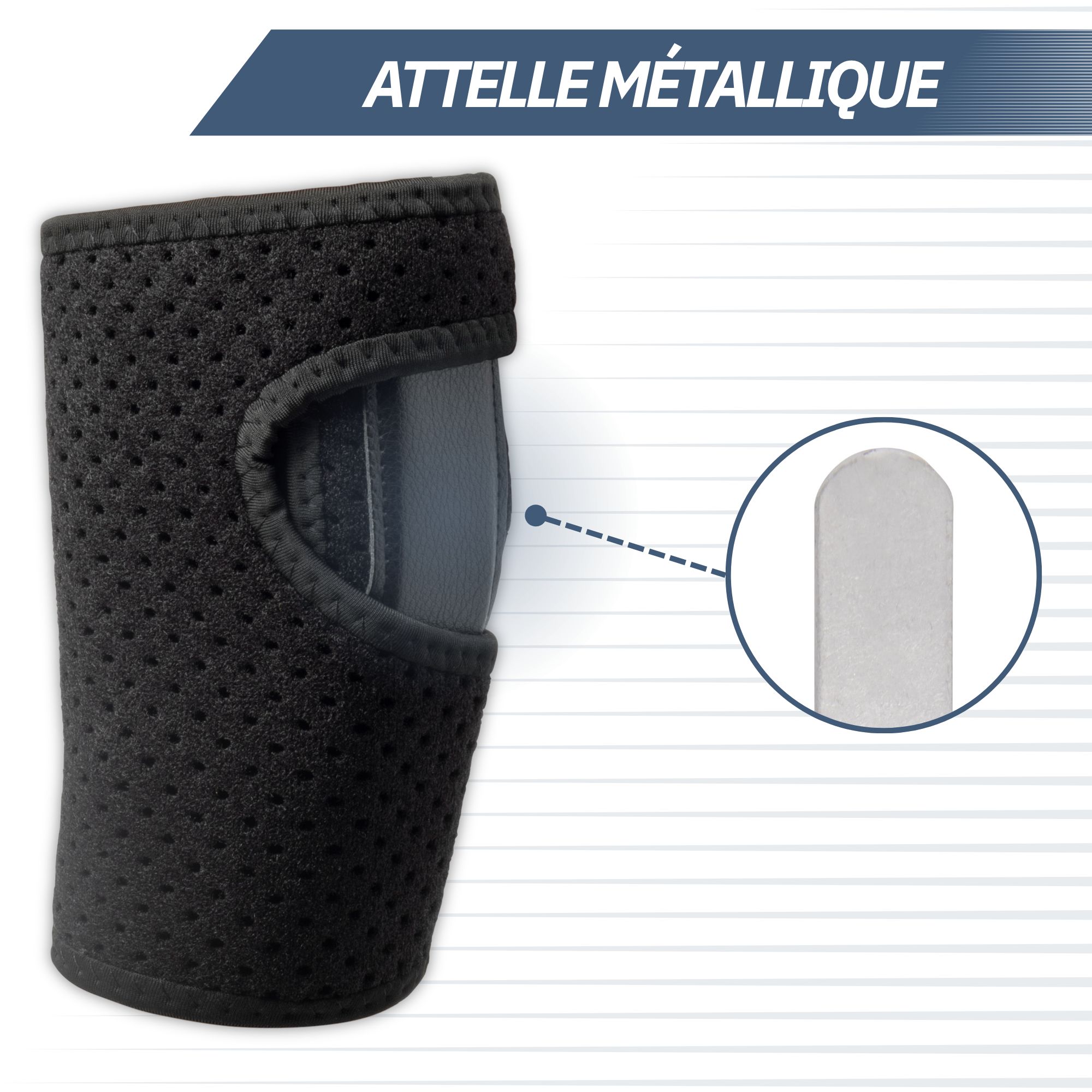 Attelle noire avec insert métallique pour la stabilisation.