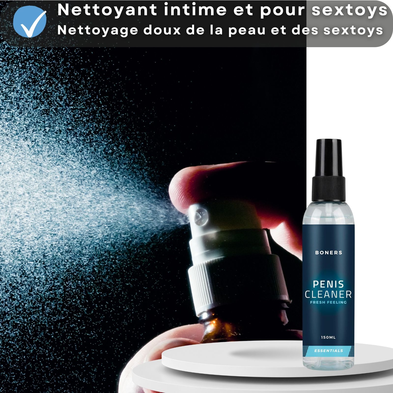 Flacon et brume. Texte: Nettoyant intime et pour sextoys, nettoyage doux de la peau et des sextoys.