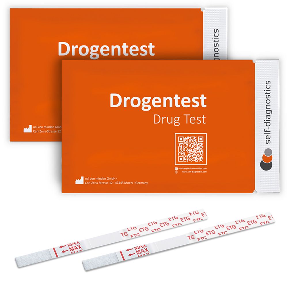 Twee oranje verpakkingen met "Drogentest". Daaronder teststrips met rode markeringen.