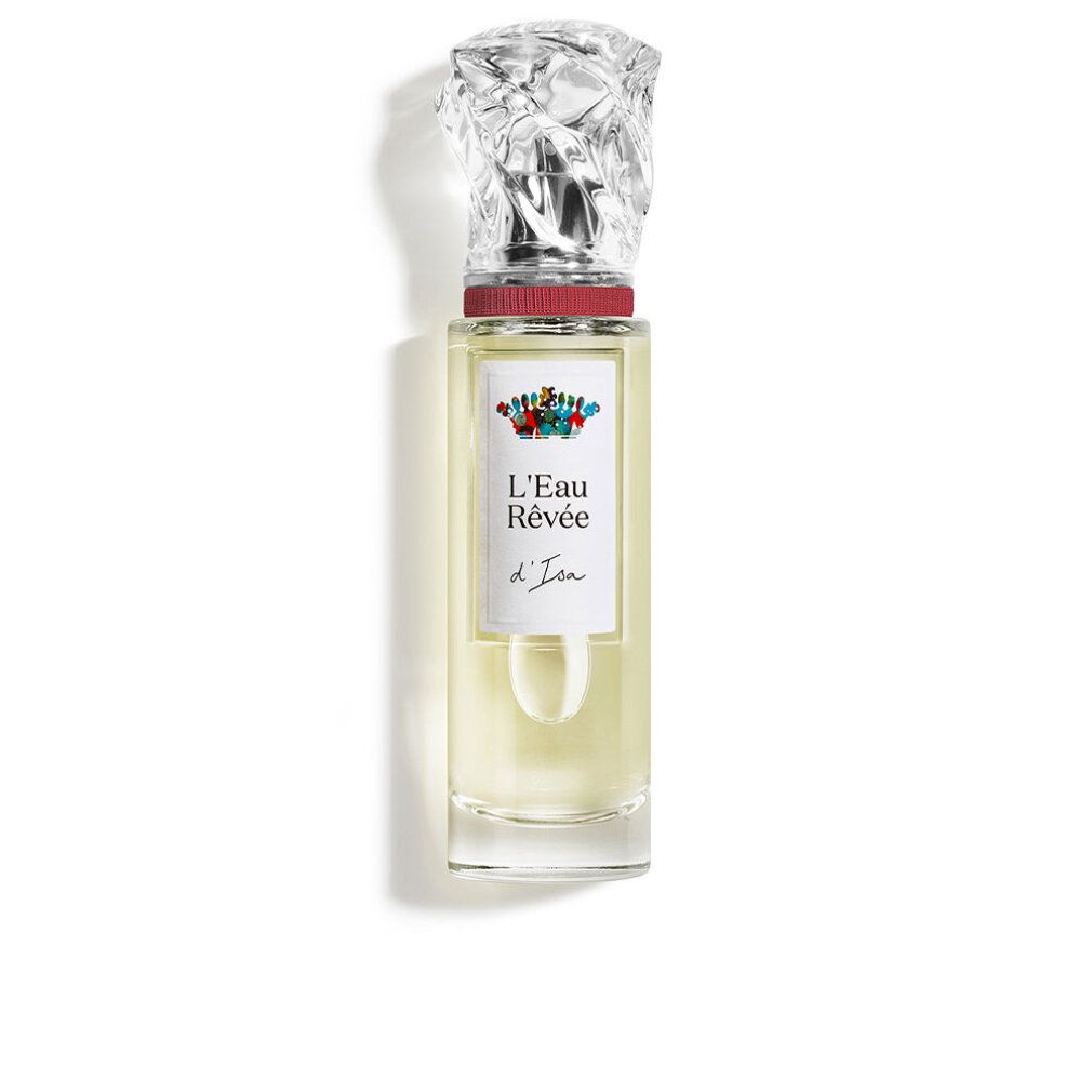 Flacon de parfum en verre transparent avec un vaporisateur argenté. L'étiquette indique « L'Eau Rêvée d'Isa » et une illustration colorée.