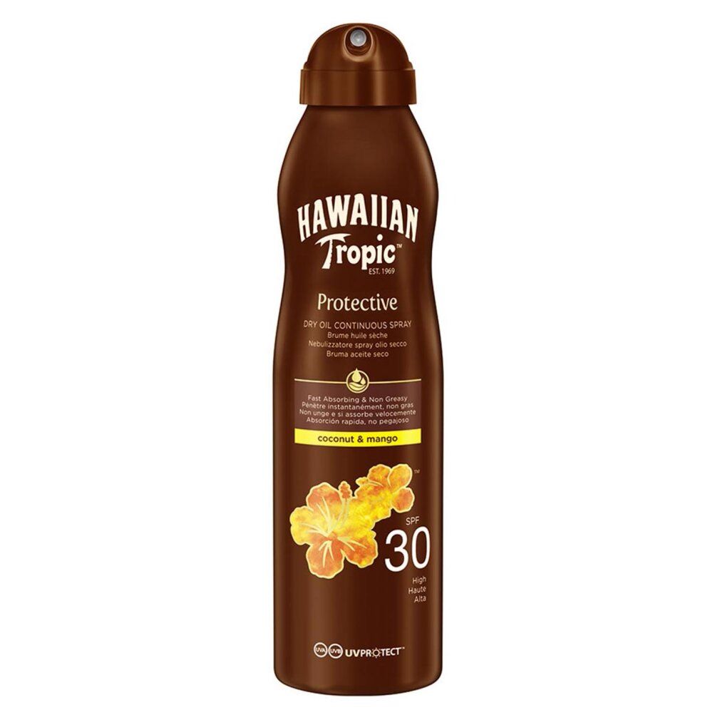 Spray solaire Hawaiian Tropic FPS 30, parfum coco et mangue, flacon marron.
