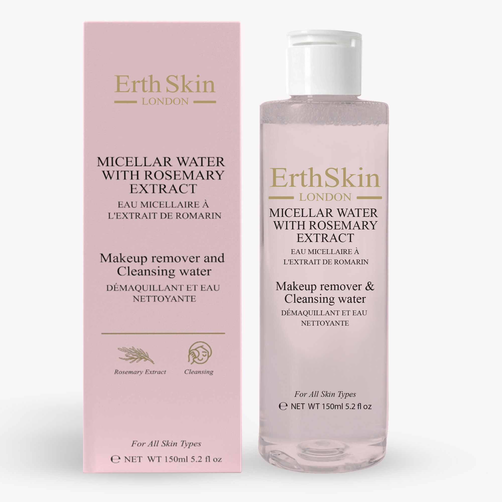 Eau micellaire ErthSkin London à l'extrait de romarin et son emballage assorti.