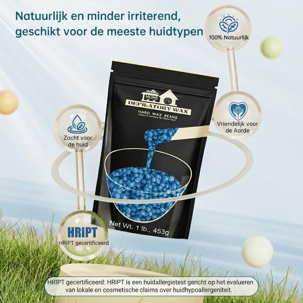 Zakje met blauwe waxparels, 453g. "Depilatory Wax Hard Wax Beans" opdruk.