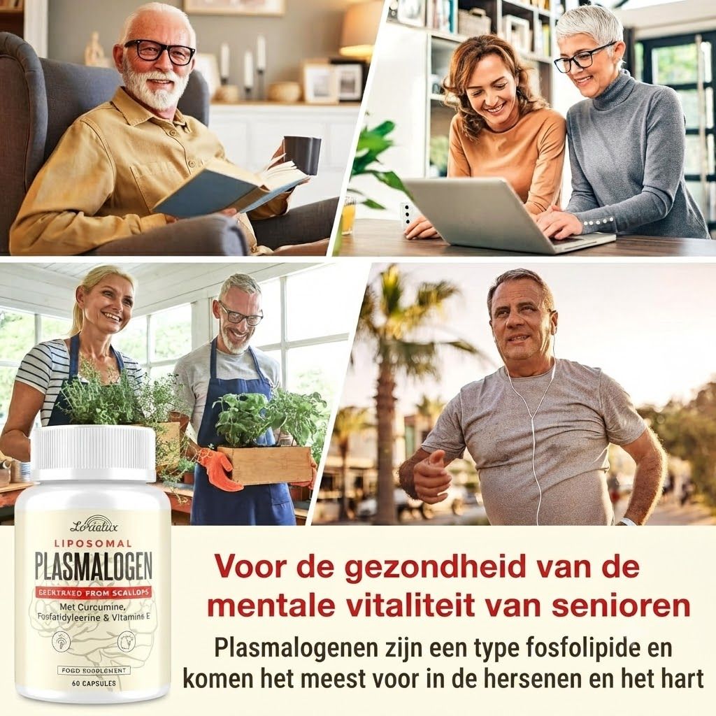 Fles Plasmalogen capsules naast collage van senioren die lezen, laptop gebruiken, tuinieren en joggen.