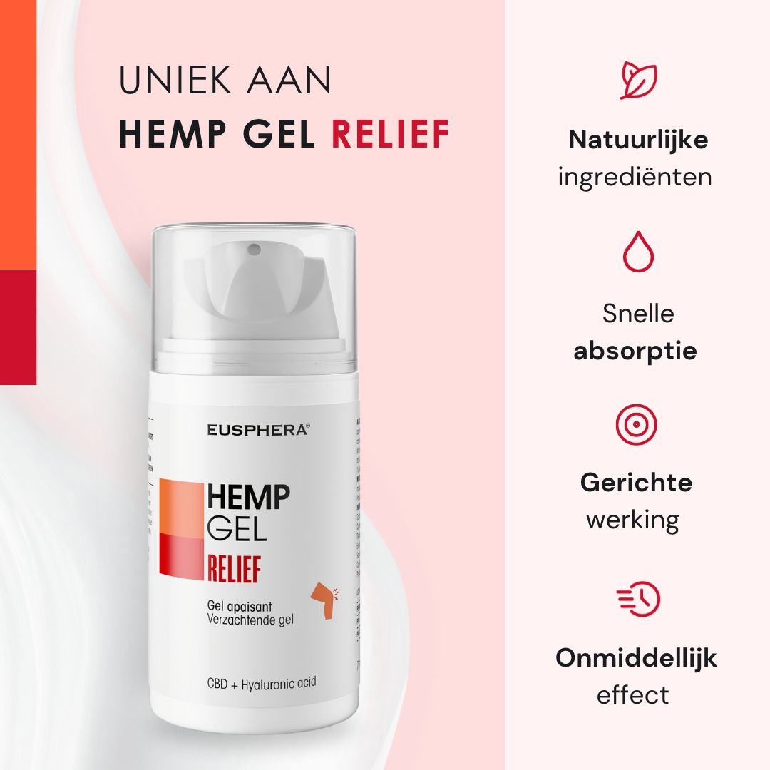 Witte gel-fles met tekst. Tekst: HEMP GEL RELIEF, Gel apaisant. CBD + Hyaluronzuur. Merk Eusphera.