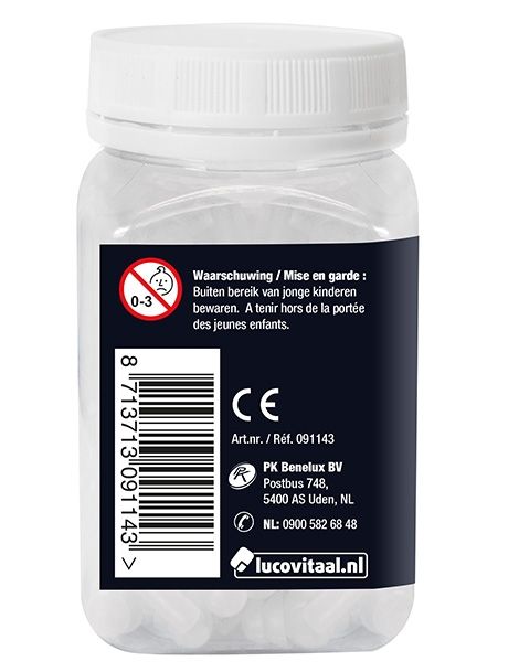 Achterkant pot met waarschuwingen en CE-markering. Tekst: Waarschuwing/Mise en garde. Lucovitaal.nl.