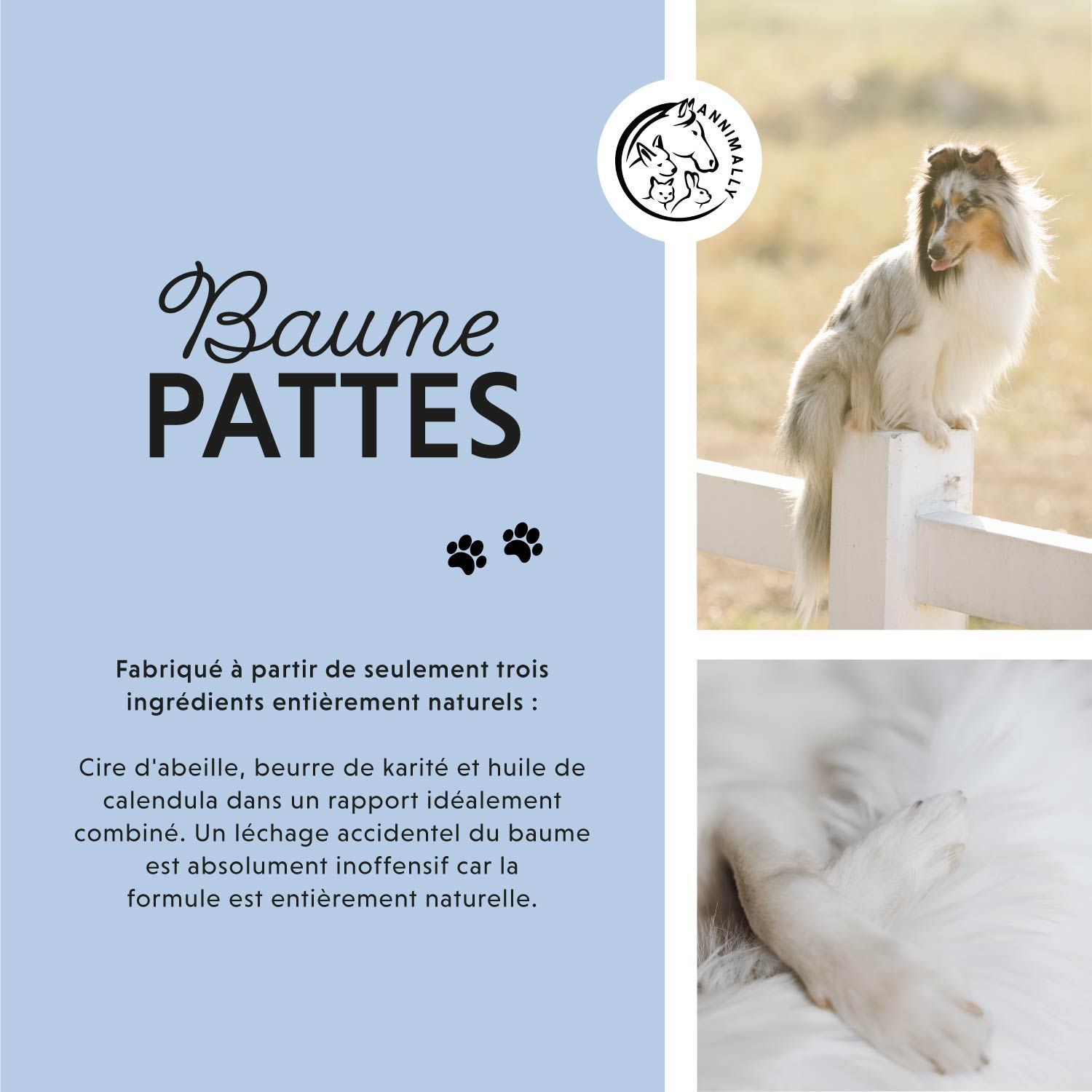 Photo avec chien. Texte sur les ingrédients : cire d'abeille, beurre de karité, huile de calendula. Logo Annimally.