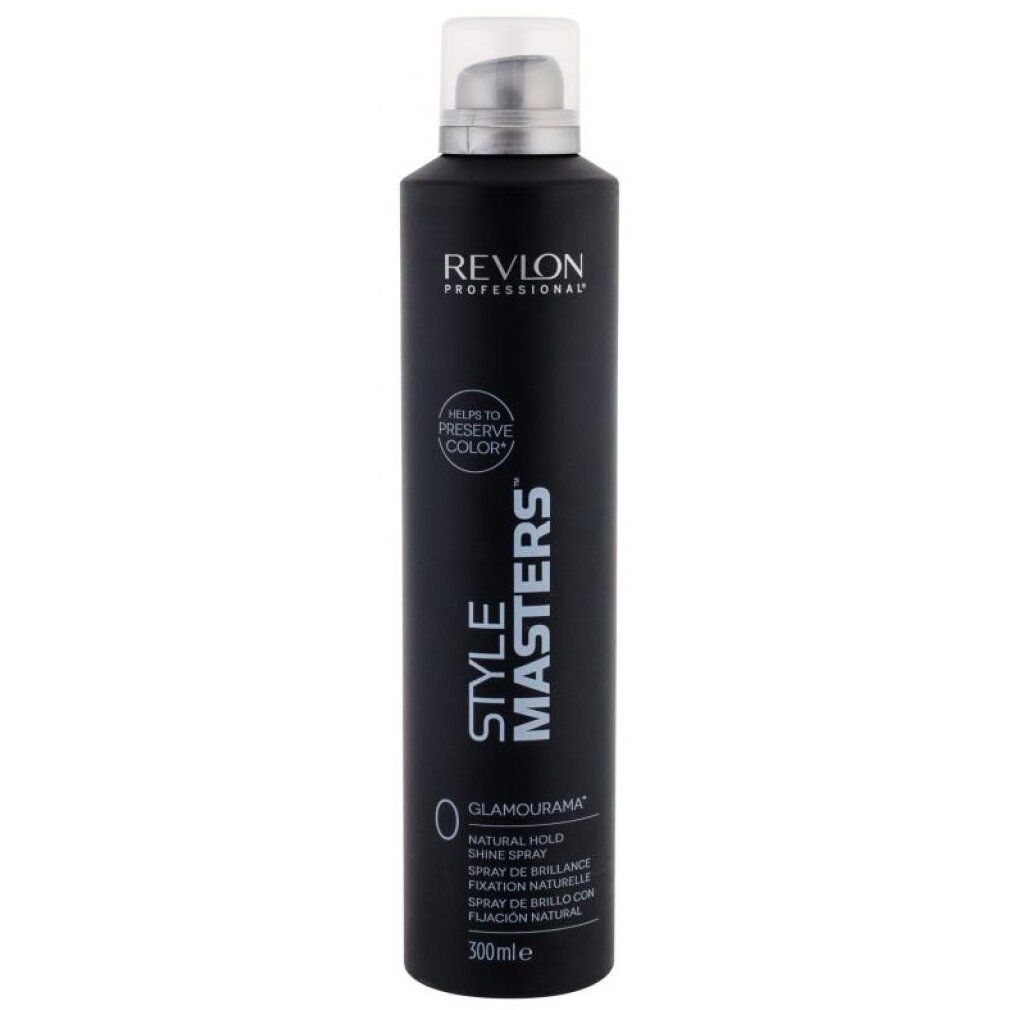 Flacon spray noir avec tête argentée. Inscription: Revlon Professional, Style Masters, Glamourama, Natural Hold Shine Spray.