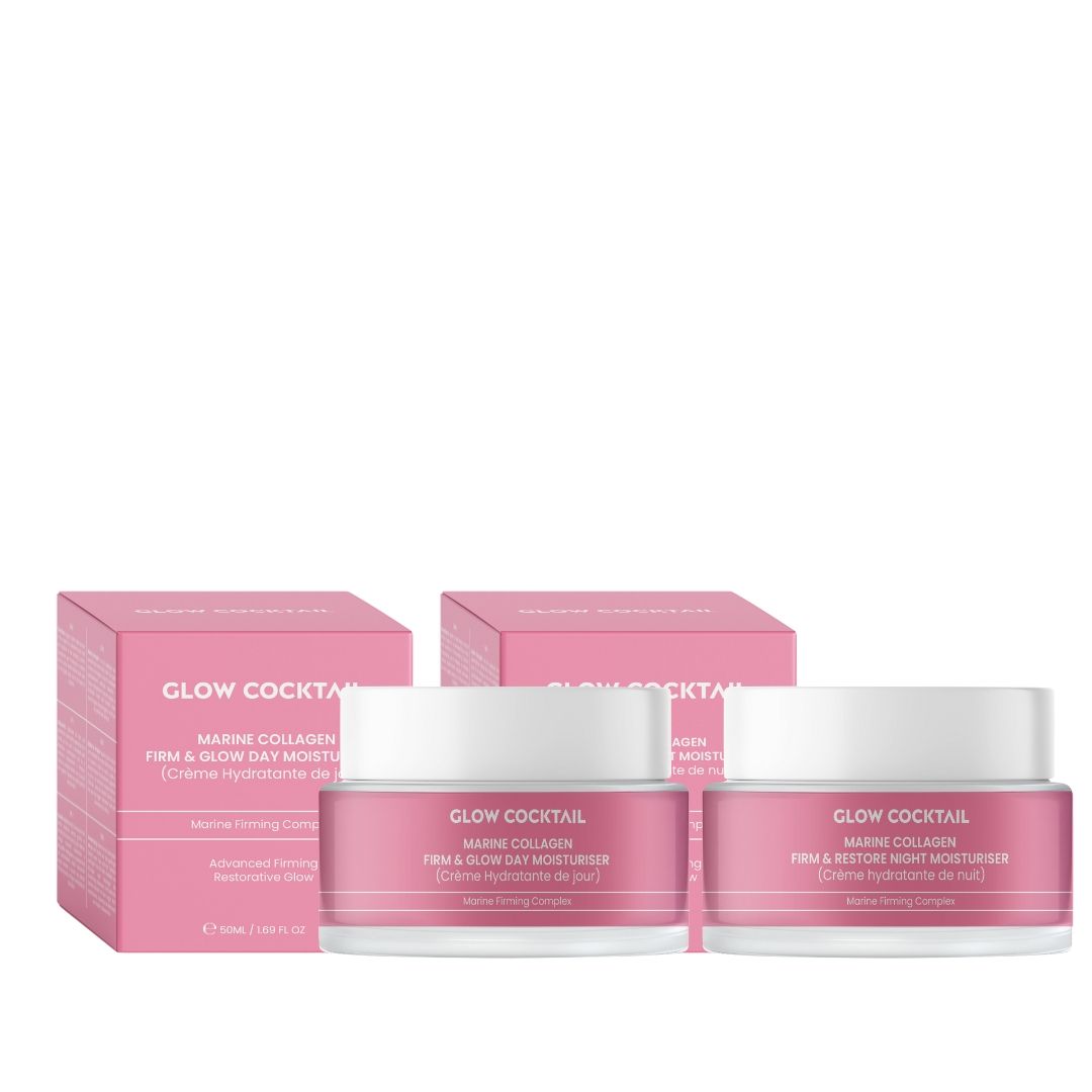 Twee roze potjes en twee roze dozen. Opschrift: Glow Cocktail, Marine Collagen, Firm & Glow Day Moisturiser.