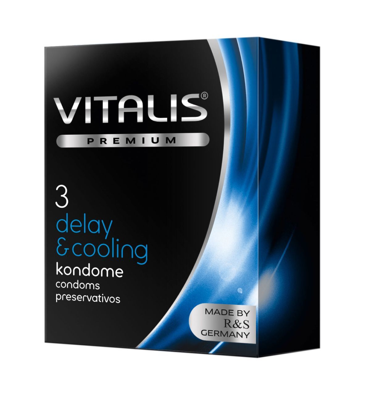 Zwarte verpakking "VITALIS PREMIUM". Tekst: "3 delay & cooling kondome". "Made by R&S Germany". Blauwe elementen.