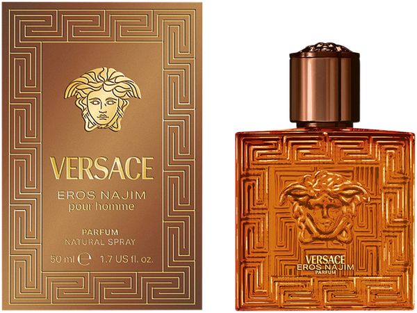 Flacon de parfum et emballage. Verre doré avec motif en relief et logo. Emballage avec logo et texte.