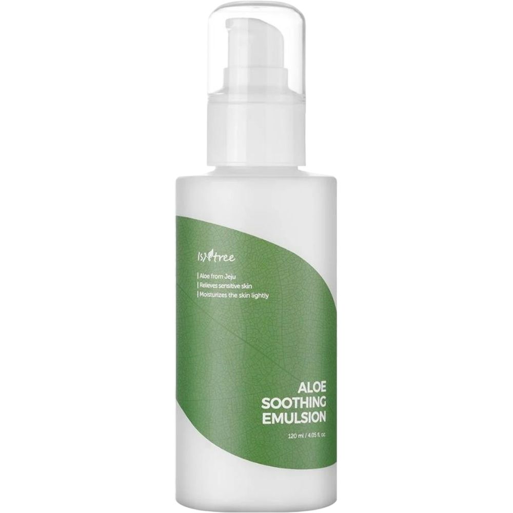 Witte fles met groen etiket. Tekst: Aloe Soothing Emulsion. Met pomp.