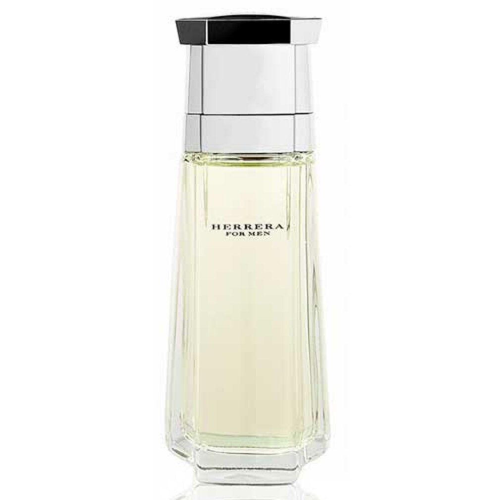 Herrera For Men Eau de Toilette fles. Rechthoekige vorm, zilveren dop, opschrift.