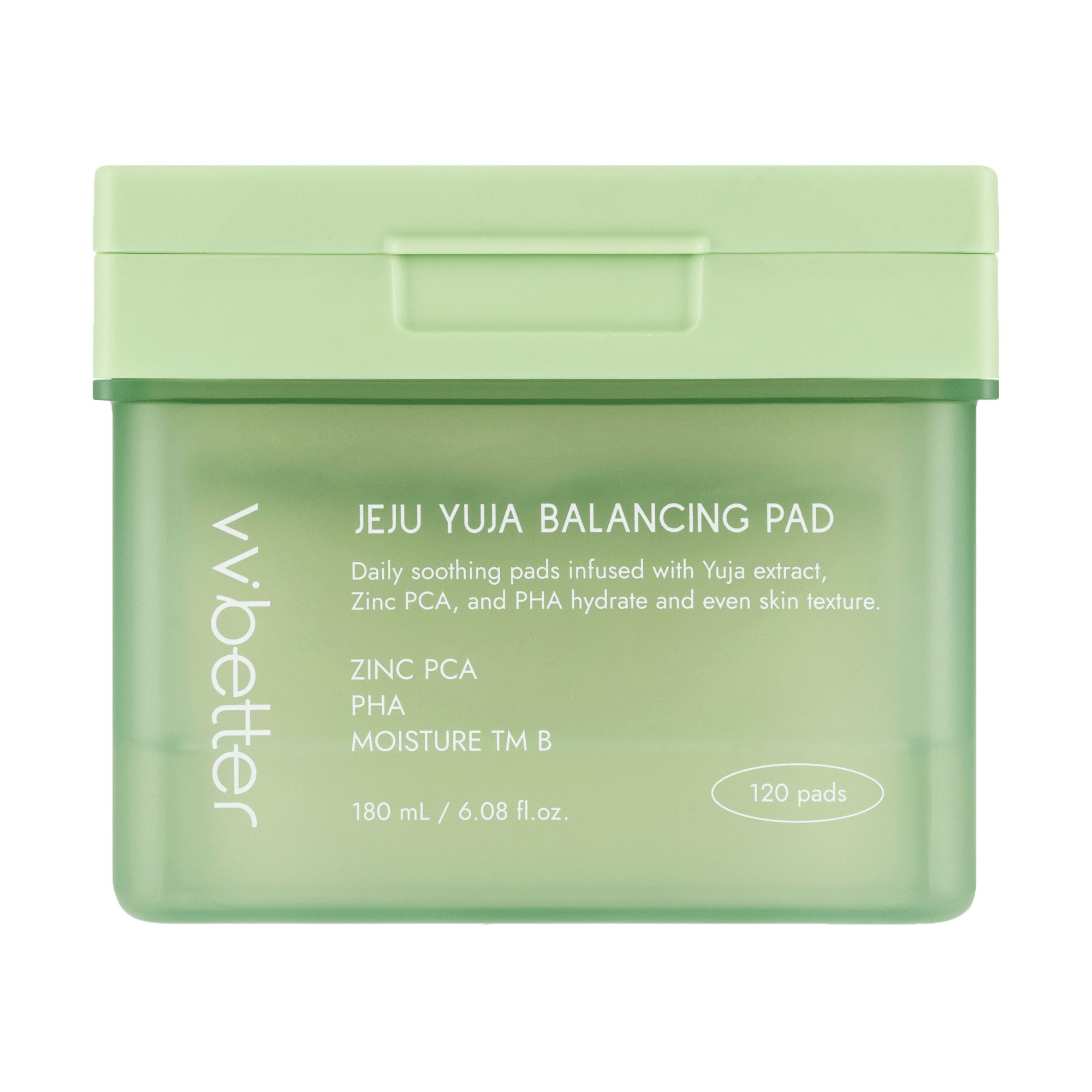 Groene, vierkante doos met deksel. Opschrift: Jeju Yuja Balancing Pad. Bevat 120 pads. Merk: vvbetter.