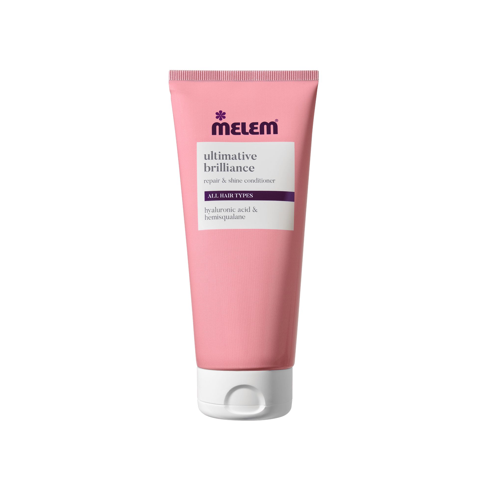 Tube rose, bouchon blanc. Inscription: Melem, ultimative Brilliance, Repair & Shine Conditioner. Pour tous types de cheveux.