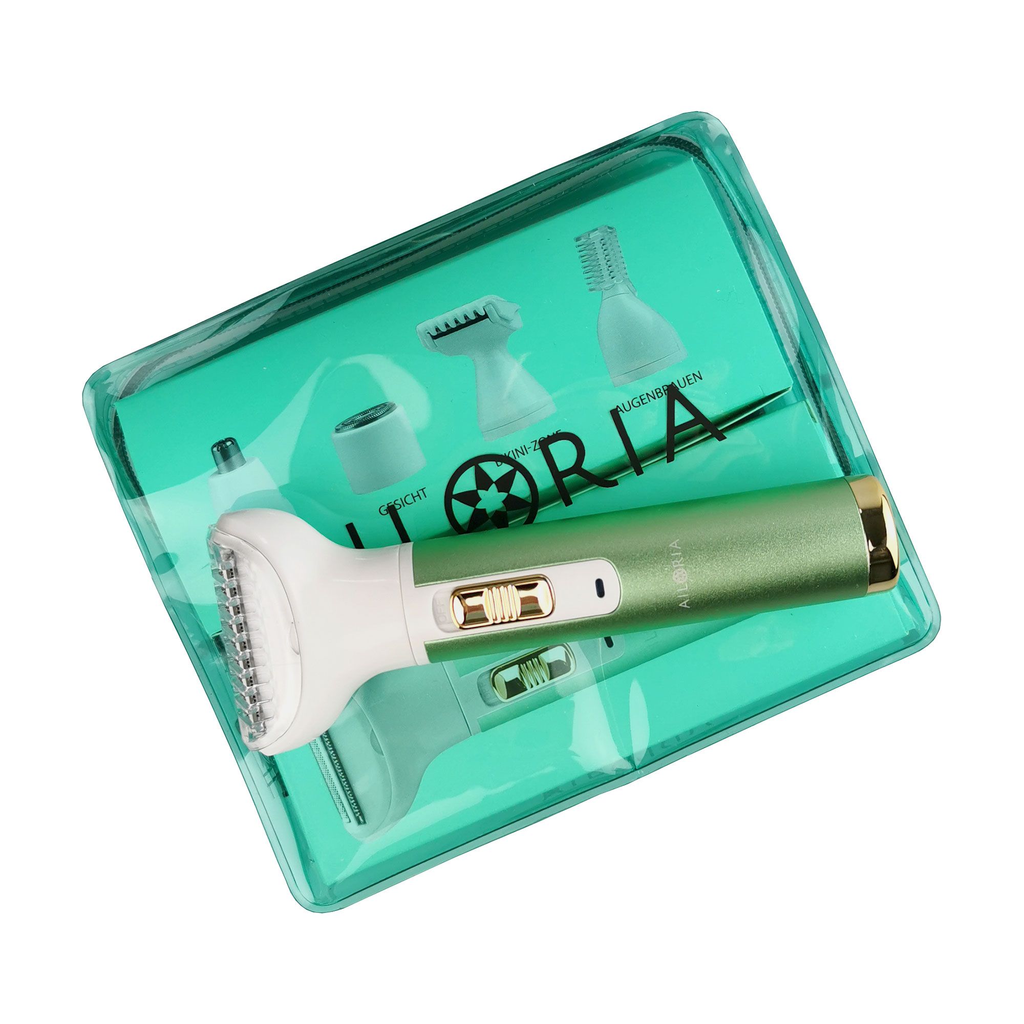 Rasoir dans un emballage transparent. Design vert et blanc. Accessoires illustrés. Logo AILORIA.