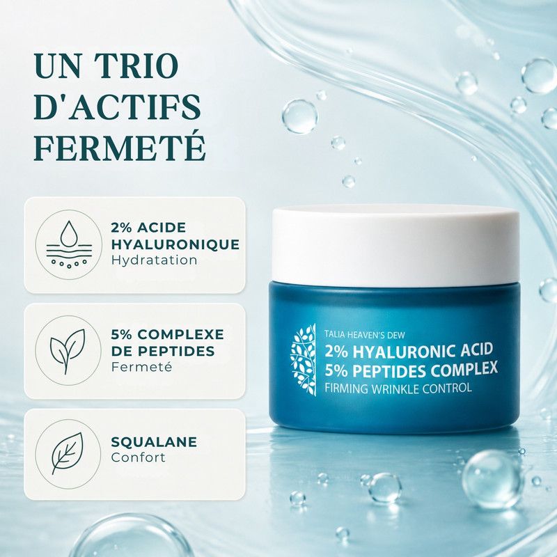 Un pot de crème à l'acide hyaluronique et complexe peptidique, avec des icônes pour l'hydratation, la douceur et la fermeté.