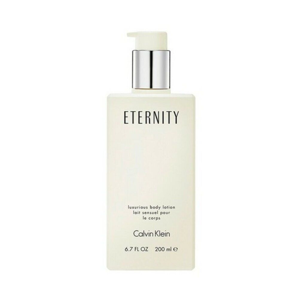 Flacon rectangulaire avec pompe. Inscription « ETERNITY » et « Calvin Klein ». Contient une lotion pour le corps.