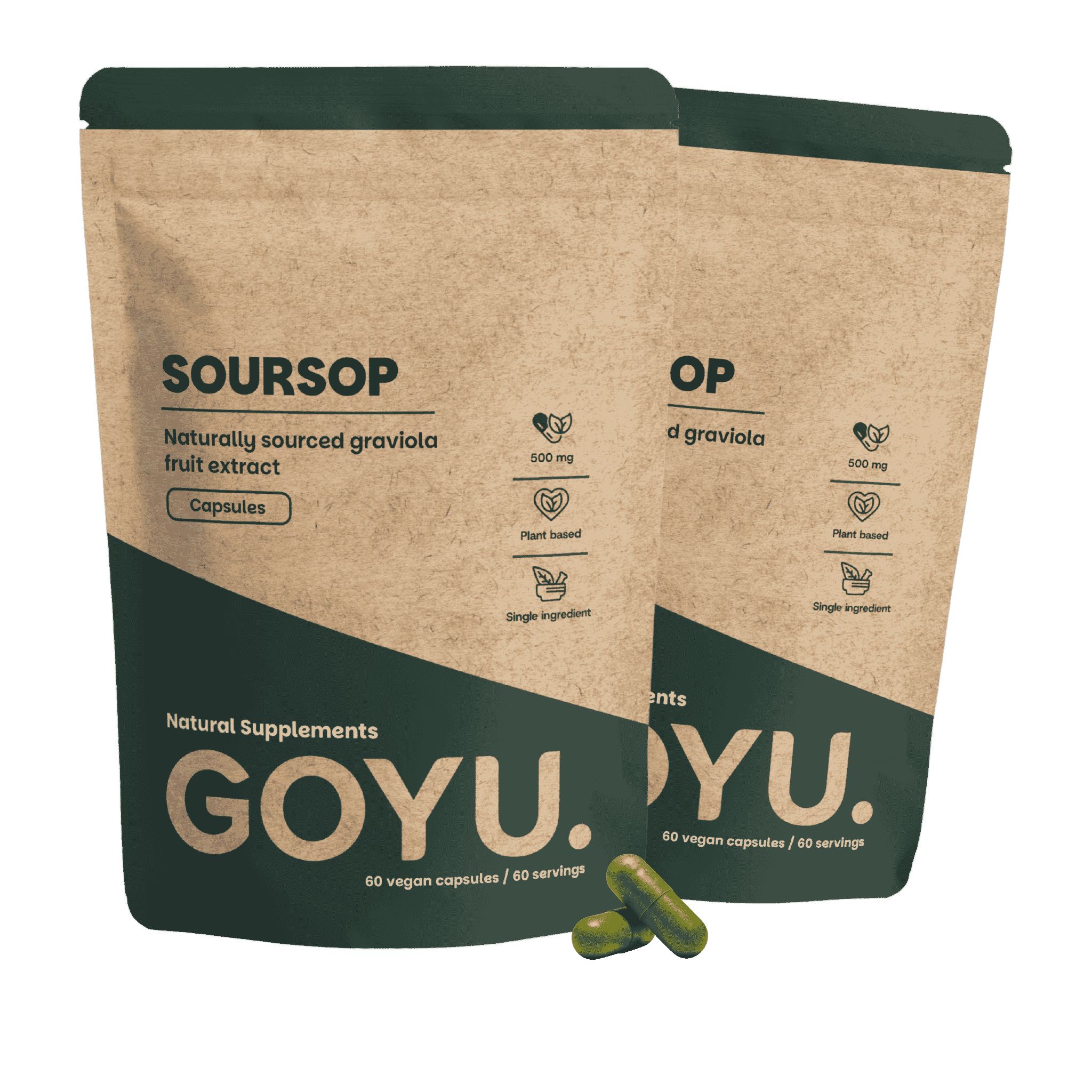 Twee bruine zakjes met Soursop-capsules, 500 mg. GOYU. Natuurlijke supplementen.