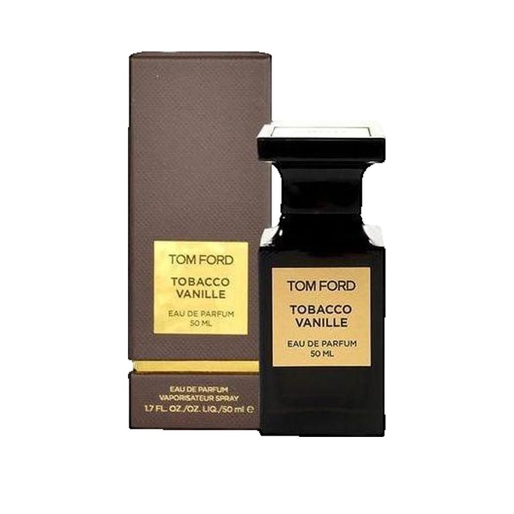 Zwarte flacon en bruine verpakking. Opschrift: TOM FORD, Tobacco Vanille, Eau de Parfum, 50 ml. Spray.