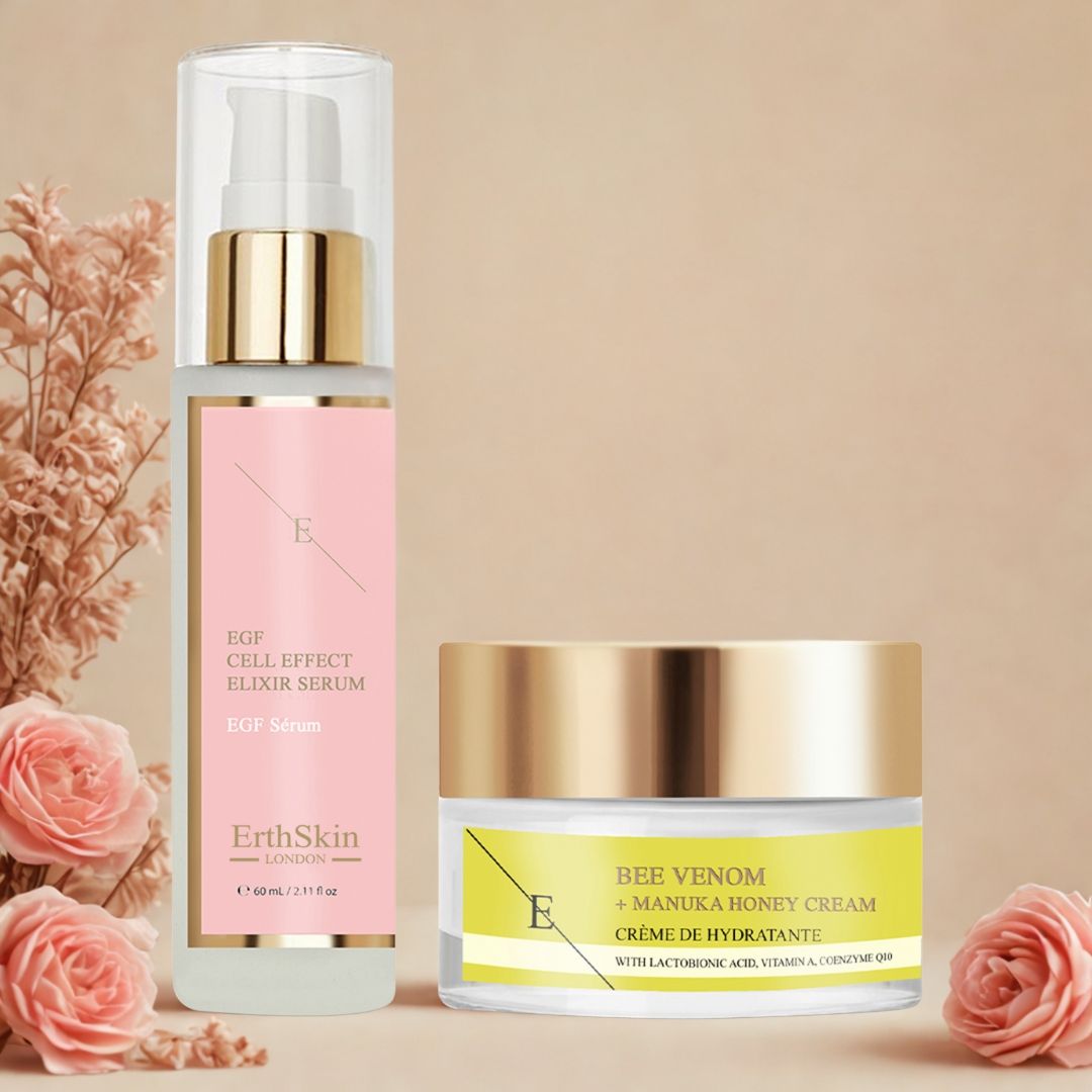 Produits cosmétiques avec bouchons et étiquettes dorés. Logo ErthSkin London. Roses en arrière-plan.