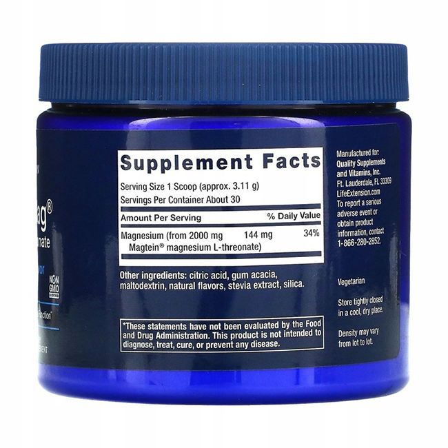 Achterkant van een blauwe container met voedingsfeiten voor Life Extension Neuro-Mag Magnesium L-Threonate.