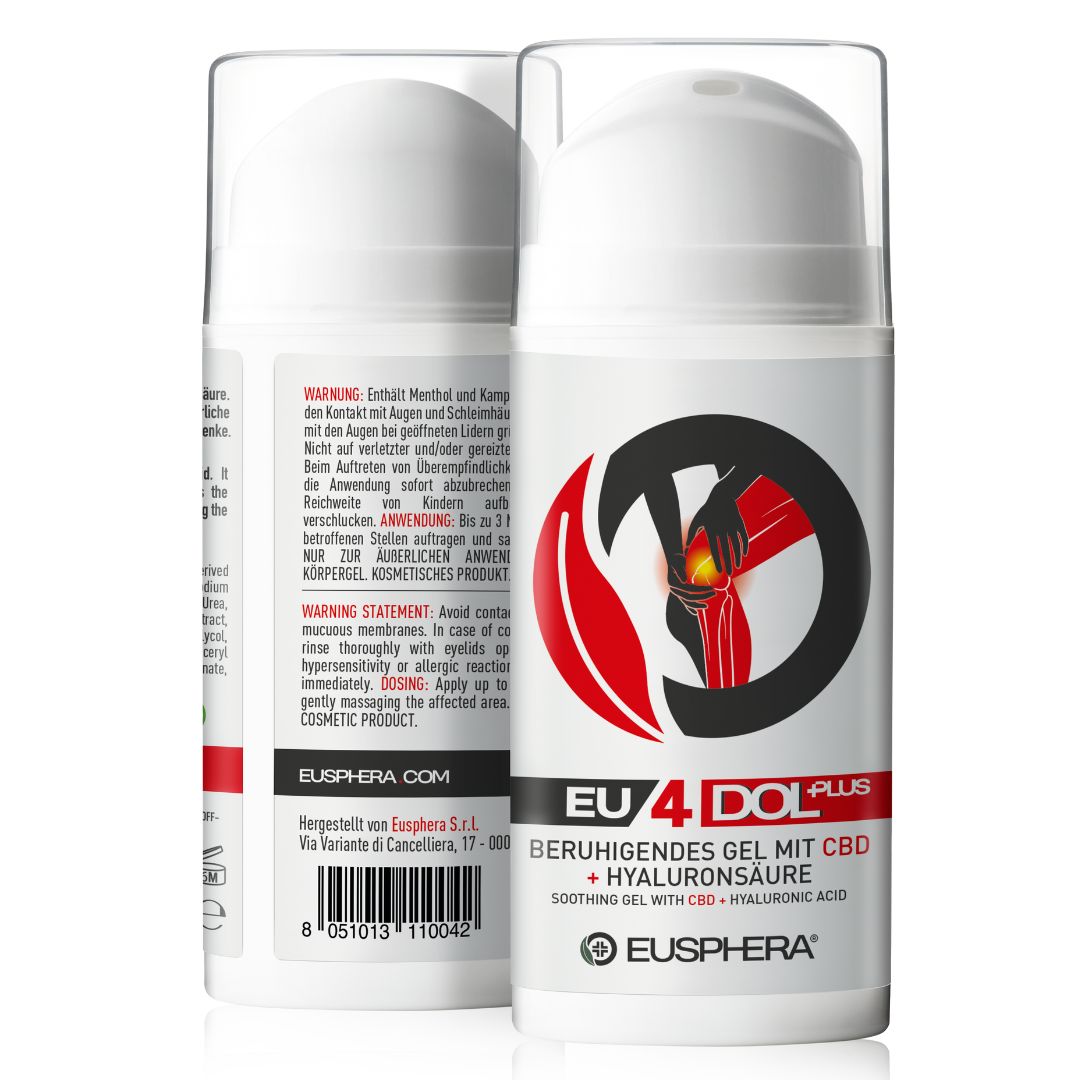 Deux flacons blancs avec texte. Texte: EU4DOL Plus, gel apaisant avec CBD + acide hyaluronique. Marque: Eusphera.