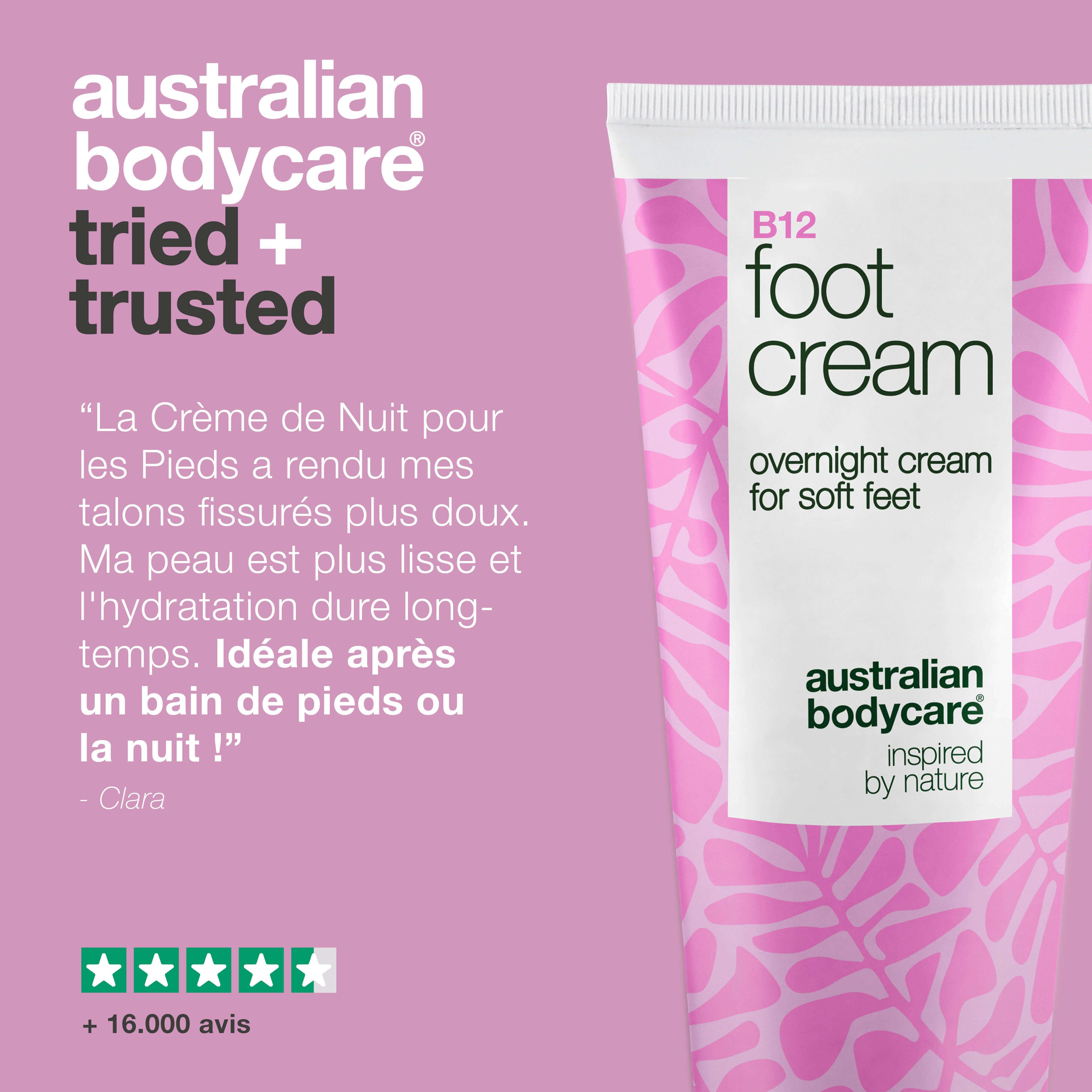 B12 Foot Cream. Tube rose. Texte: crème de nuit pour pieds doux, Australian Bodycare. Citation. Évaluation 5 étoiles.