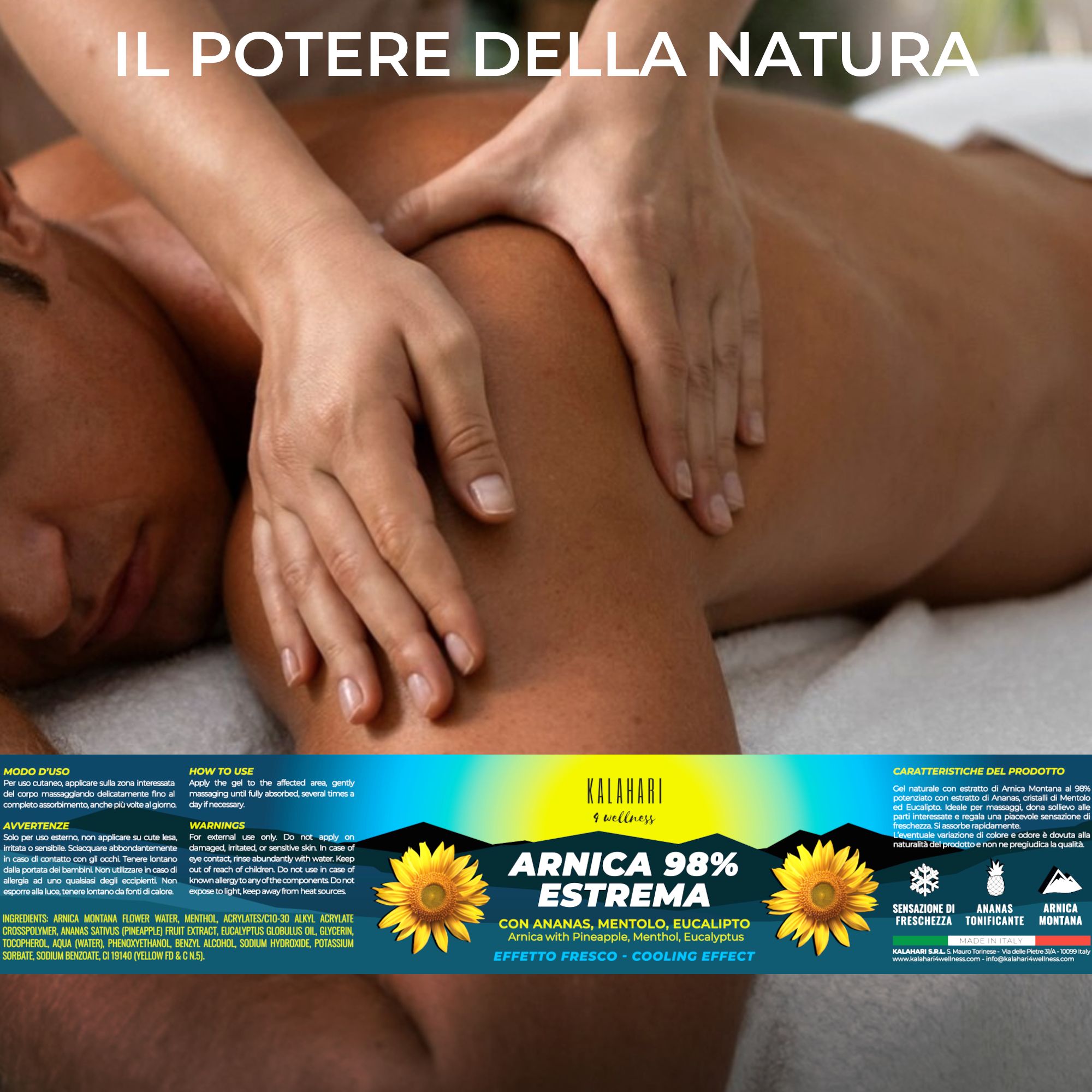 Massage du dos, avec un pot KALAHARI Arnica 98% ESTREMA au premier plan.