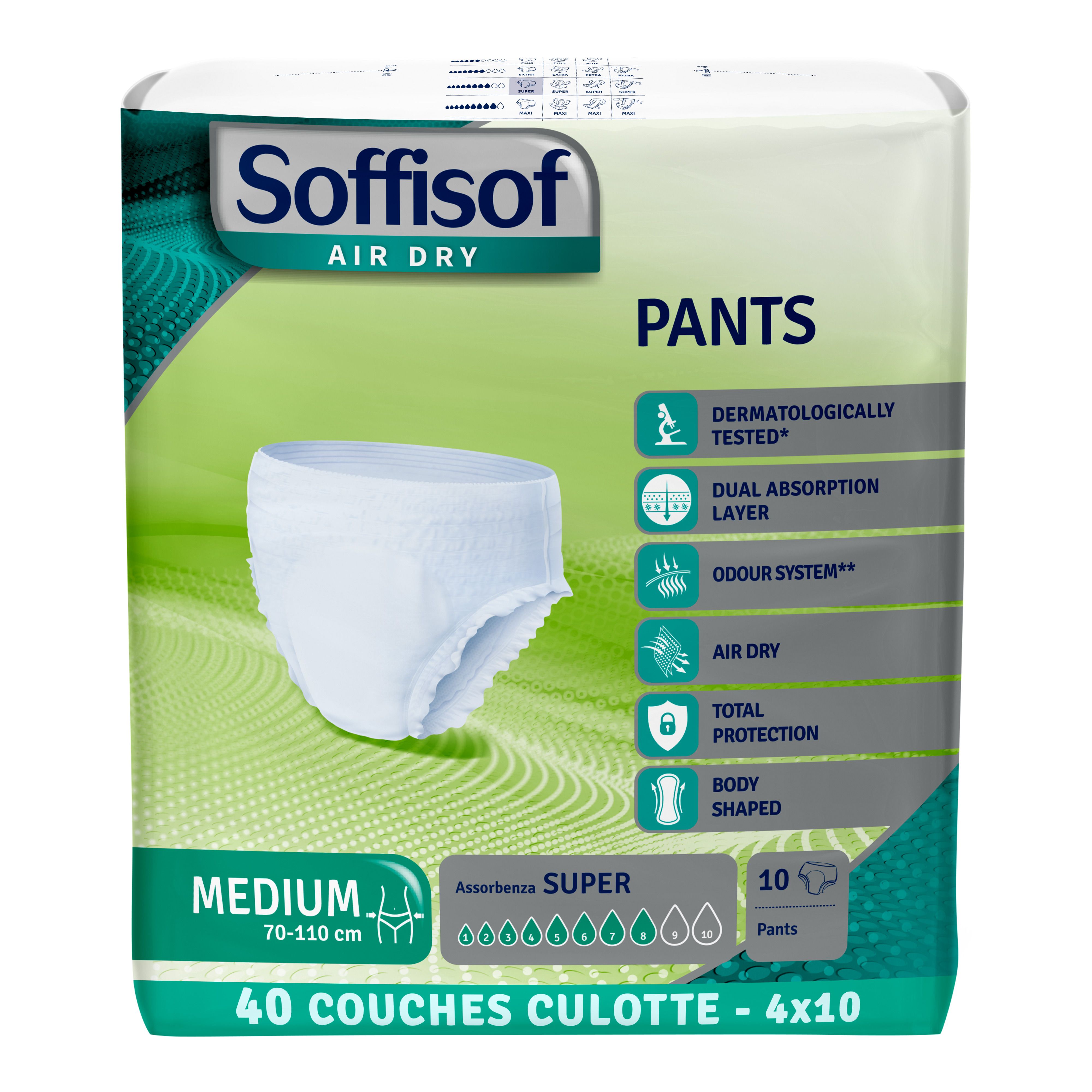 Soffisof Air Dry Pants. Medium, 70-110 cm. 10 Pants. Testé dermatologiquement. Double couche absorbante.