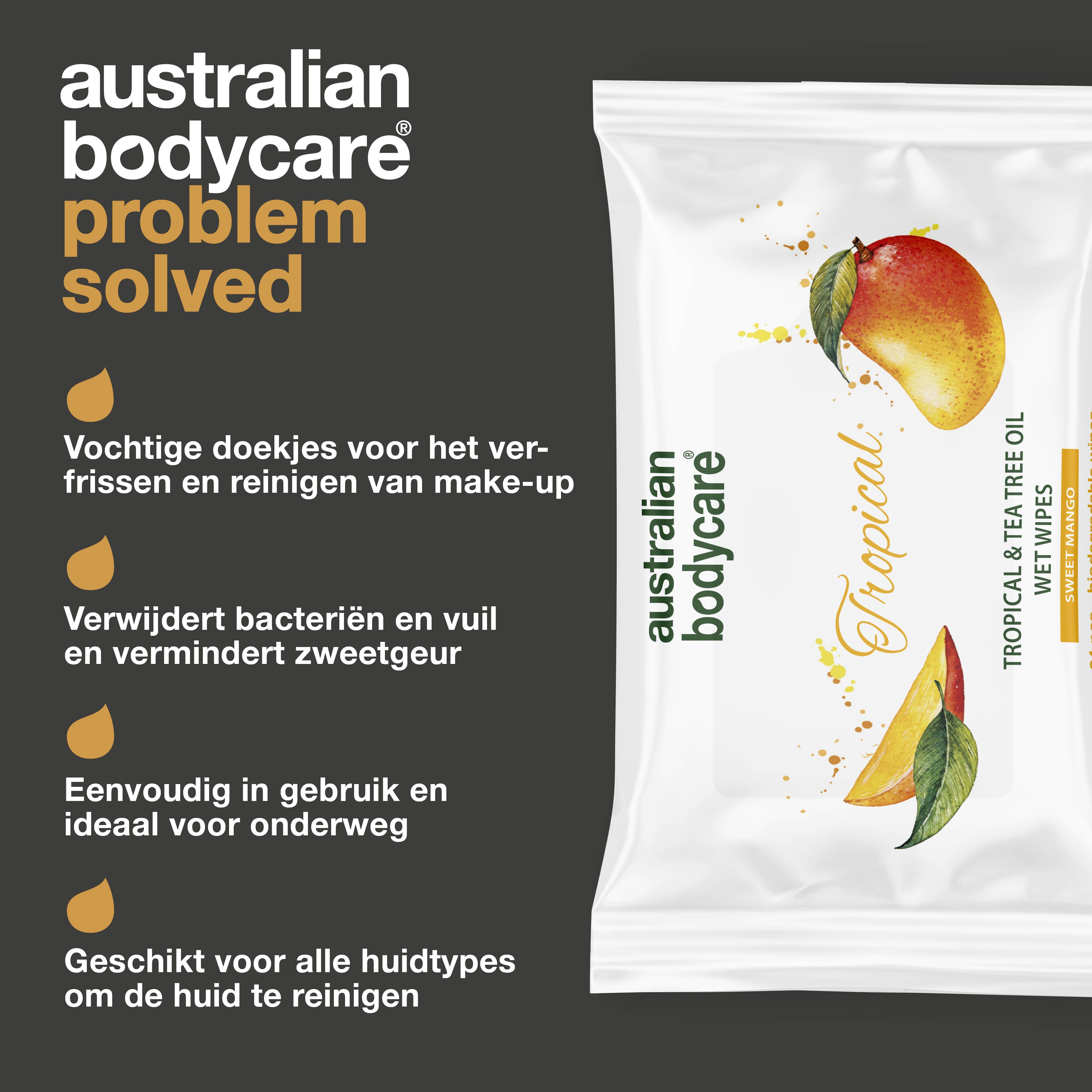 Verpakking vochtige doekjes. Tekst: Probleem opgelost. Verwijdert bacteriën en zweet. Ideaal voor onderweg.
