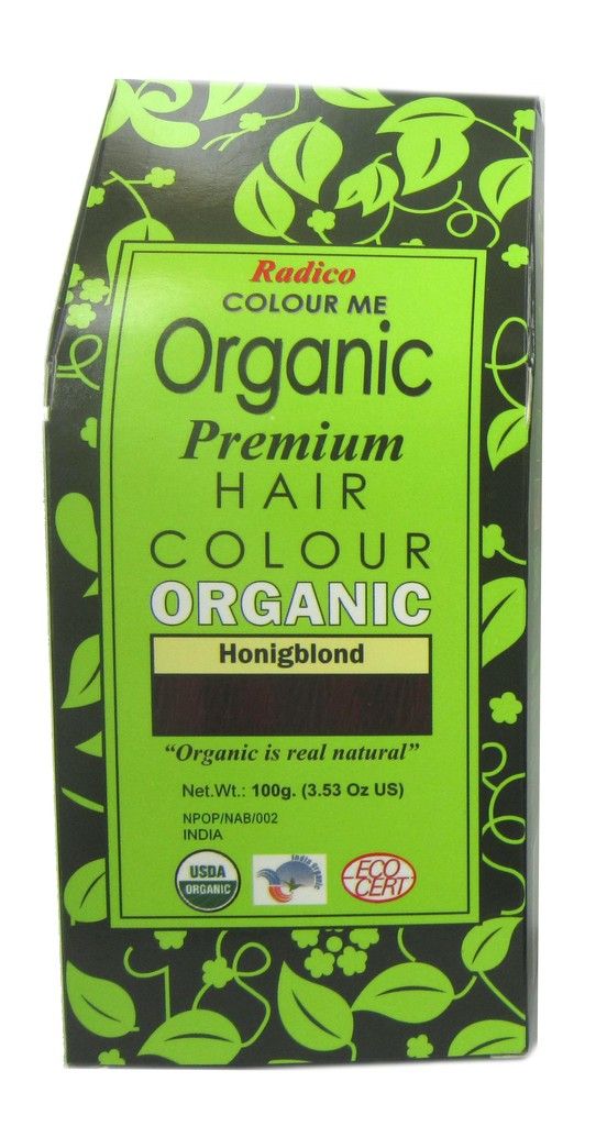 Emballage Radico Colour Me Organic Honigblond. Vert et noir, avec nom du produit et certifications USDA et EcoCert.