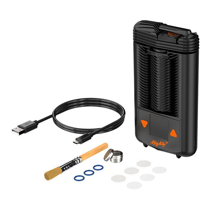 MIGHTY+ Vaporizer met USB-oplaadkabel, borstel, afdichtringen en zeefjes.