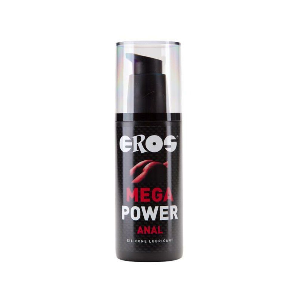 Flacon noir avec pompe. Inscription: EROS MEGA POWER ANAL SILICONE LUBRICANT. Étiquette transparente.