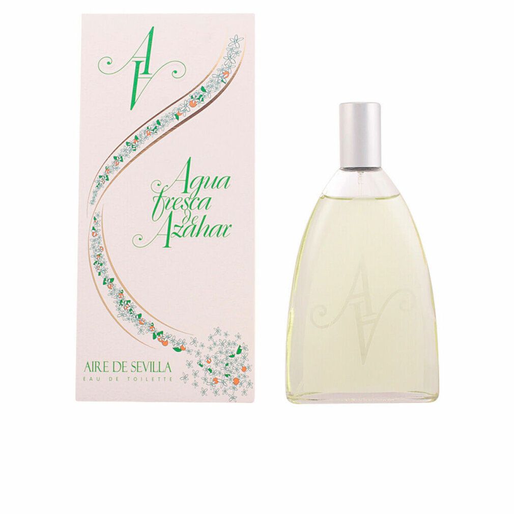 Flacon et emballage Aire de Sevilla Agua Fresca de Azahar. Flacon avec bouchon argenté. Emballage avec texte.