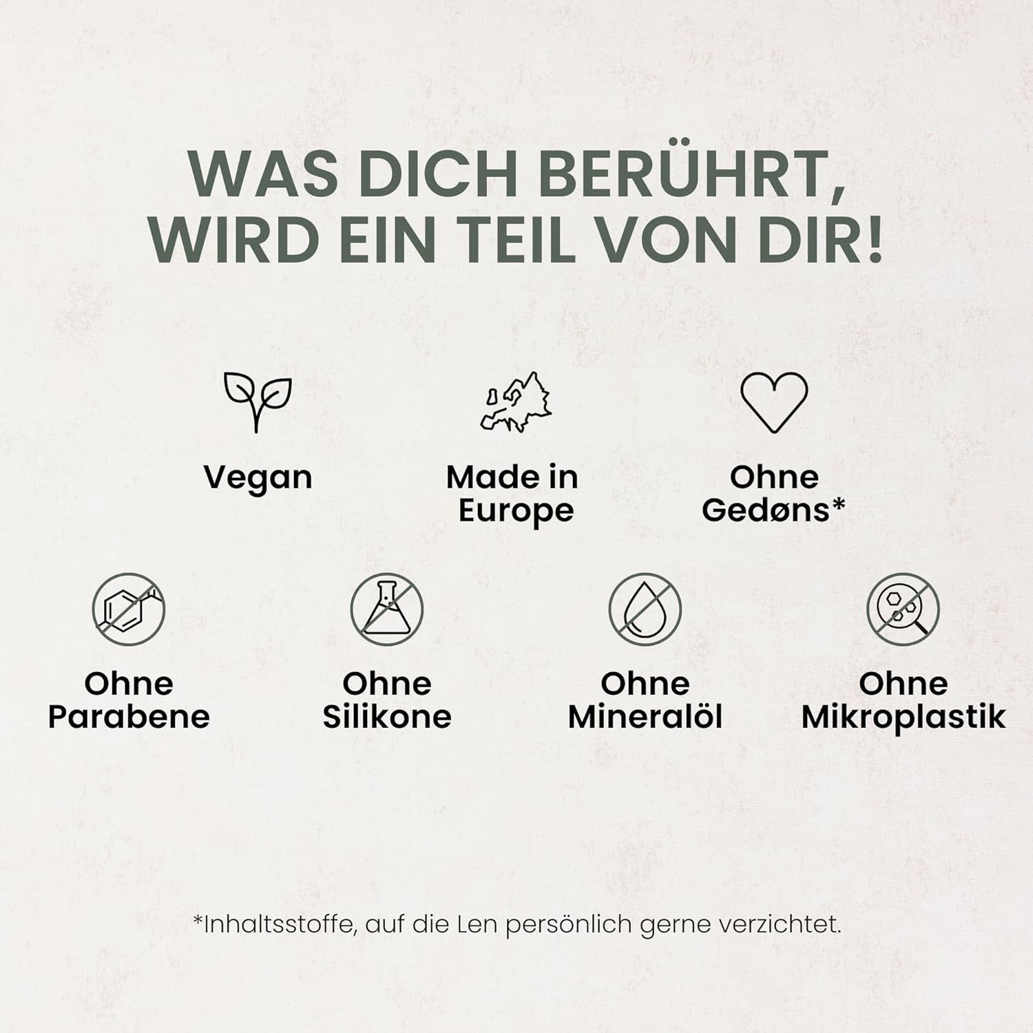 Divers symboles et texte. Vegan, Fabriqué en Europe, Sans Gedøns, Sans Parabènes, Silicones, Huile minérale, Microplastiques.