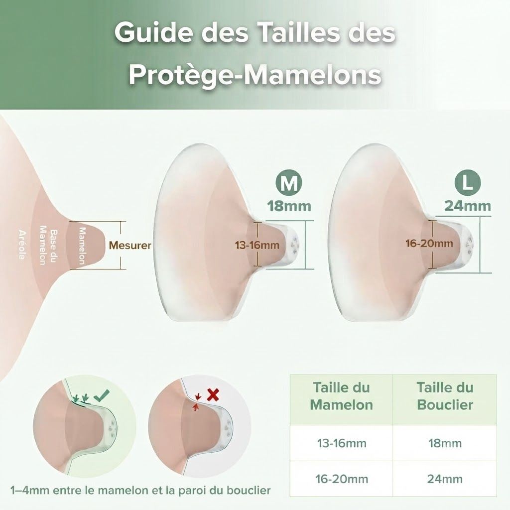 Guide des tailles pour protège-mamelons : tailles M (18mm) et L (24mm) avec mesures pour mamelon et protecteur.