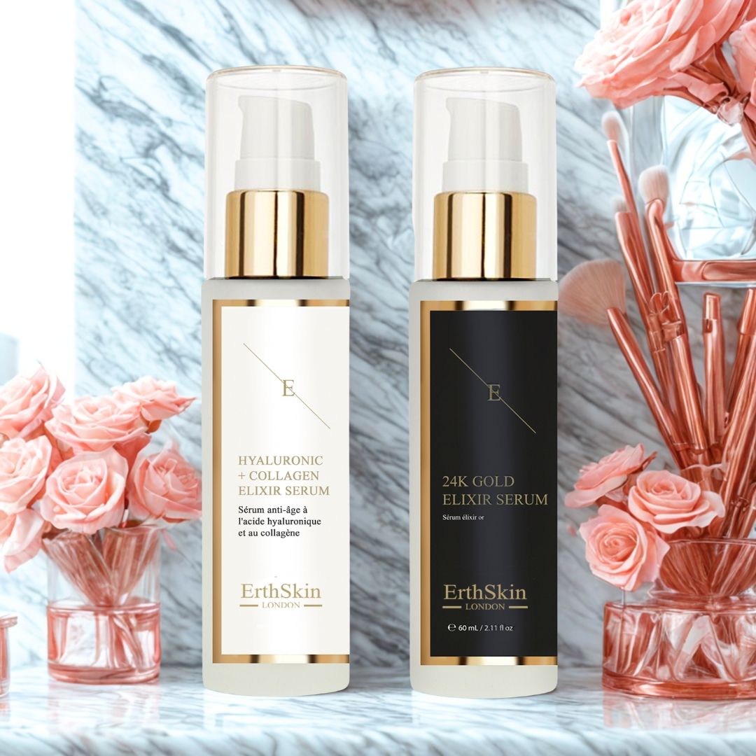 Twee serumflessen met gouden accenten, naast rozen en make-up kwasten. Een witte fles met "Hyaluron + Collagen". Een zwarte fles met "24K Gold". 