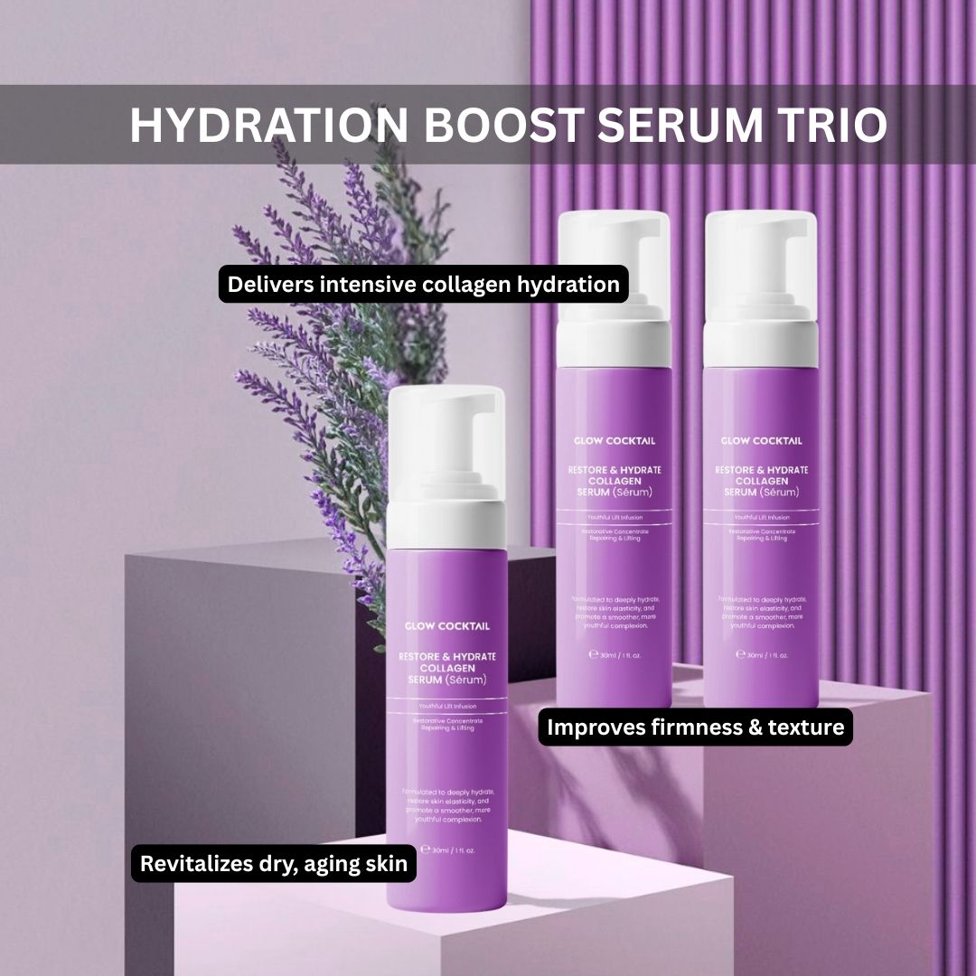 Drie paarse flessen met witte pomp. Tekst: Glow Cocktail, Restore & Hydrate Collagen Serum. Op paarse achtergrond.