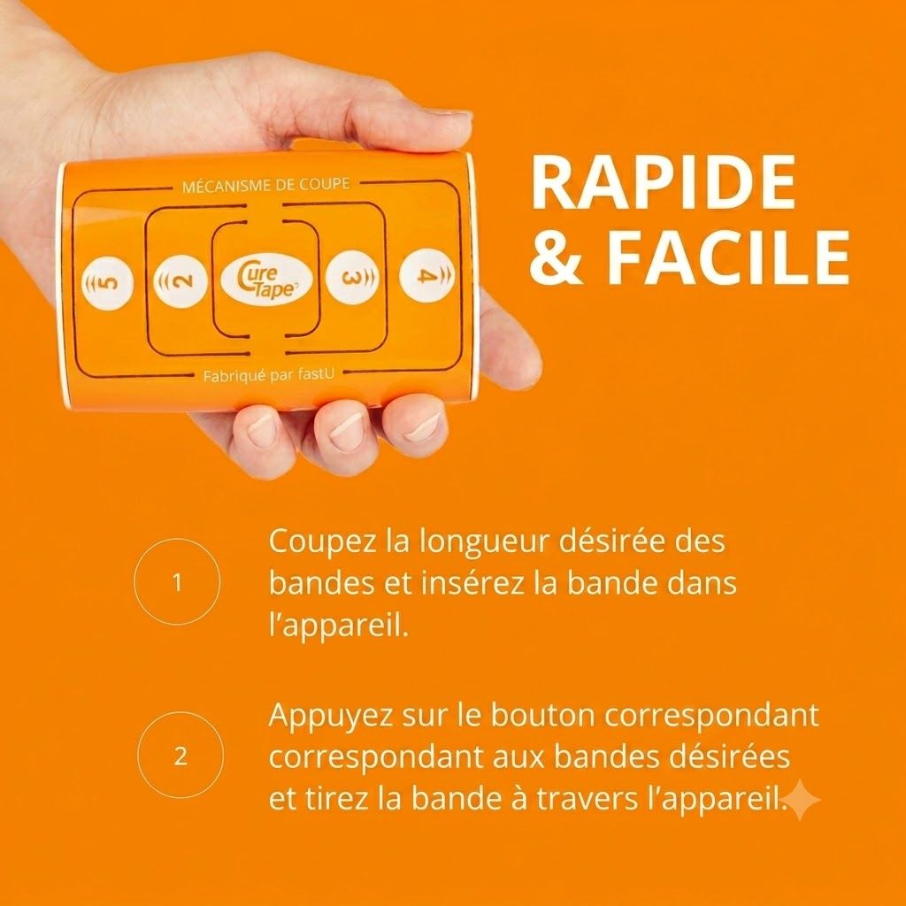 Distributeur de ruban orange avec marquages pour différentes largeurs de bande et le logo 'Cure Tape'.