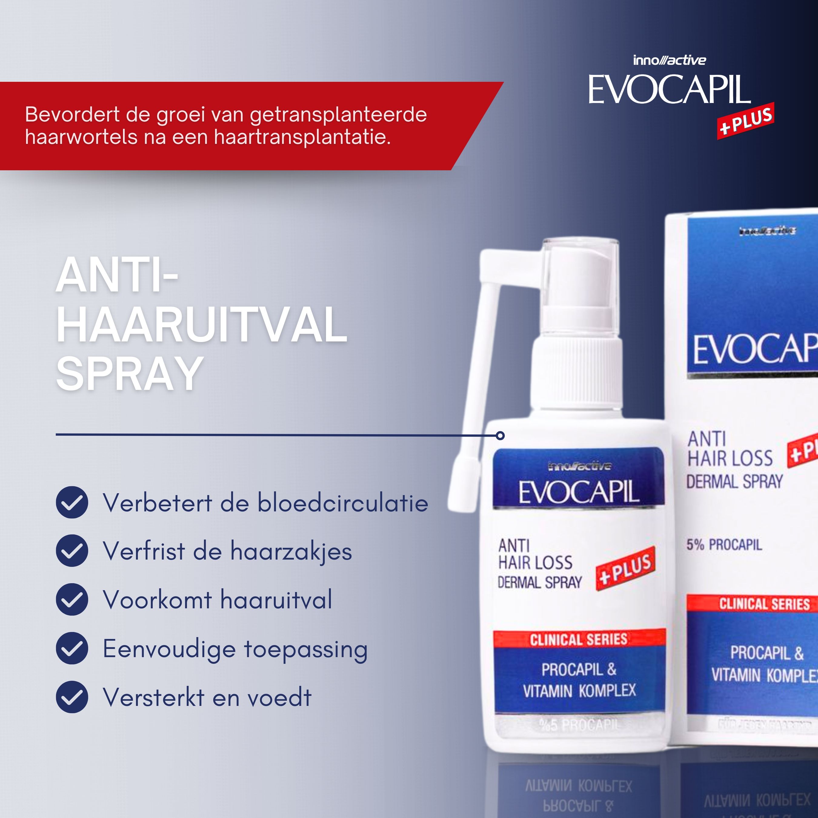 Witte sprayfles en verpakking met blauw-rood label. Opschrift: Evocapil, Anti-haaruitval Dermal Spray +Plus. Keurmerk.